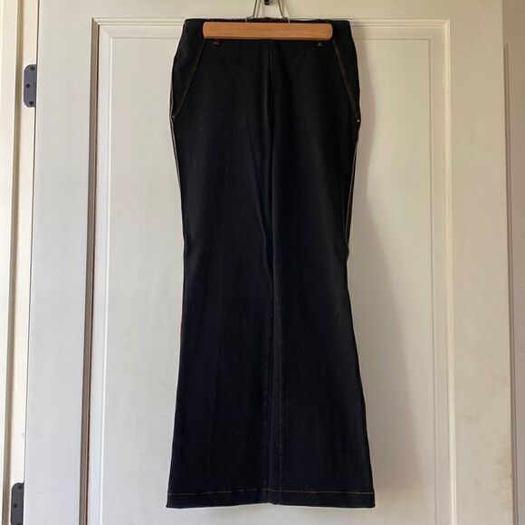NEW Without Tag Pull On Black Denim With Faux Leather Stripe By Lysse - Picture 1 of 9